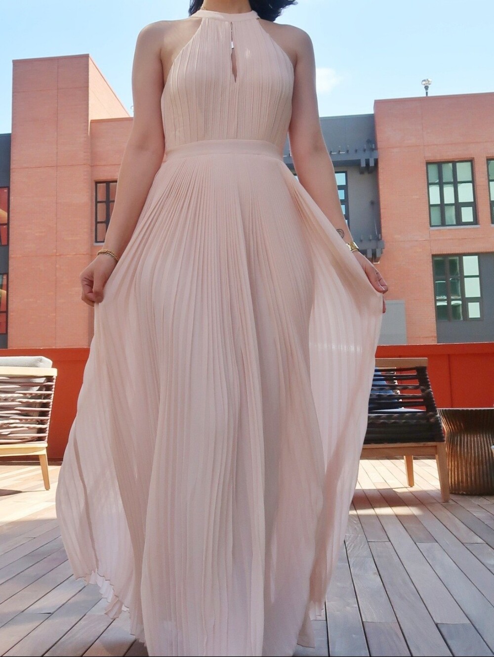 H&M Pleated Halter Maxi Dress Blush Beige Pink Size 4